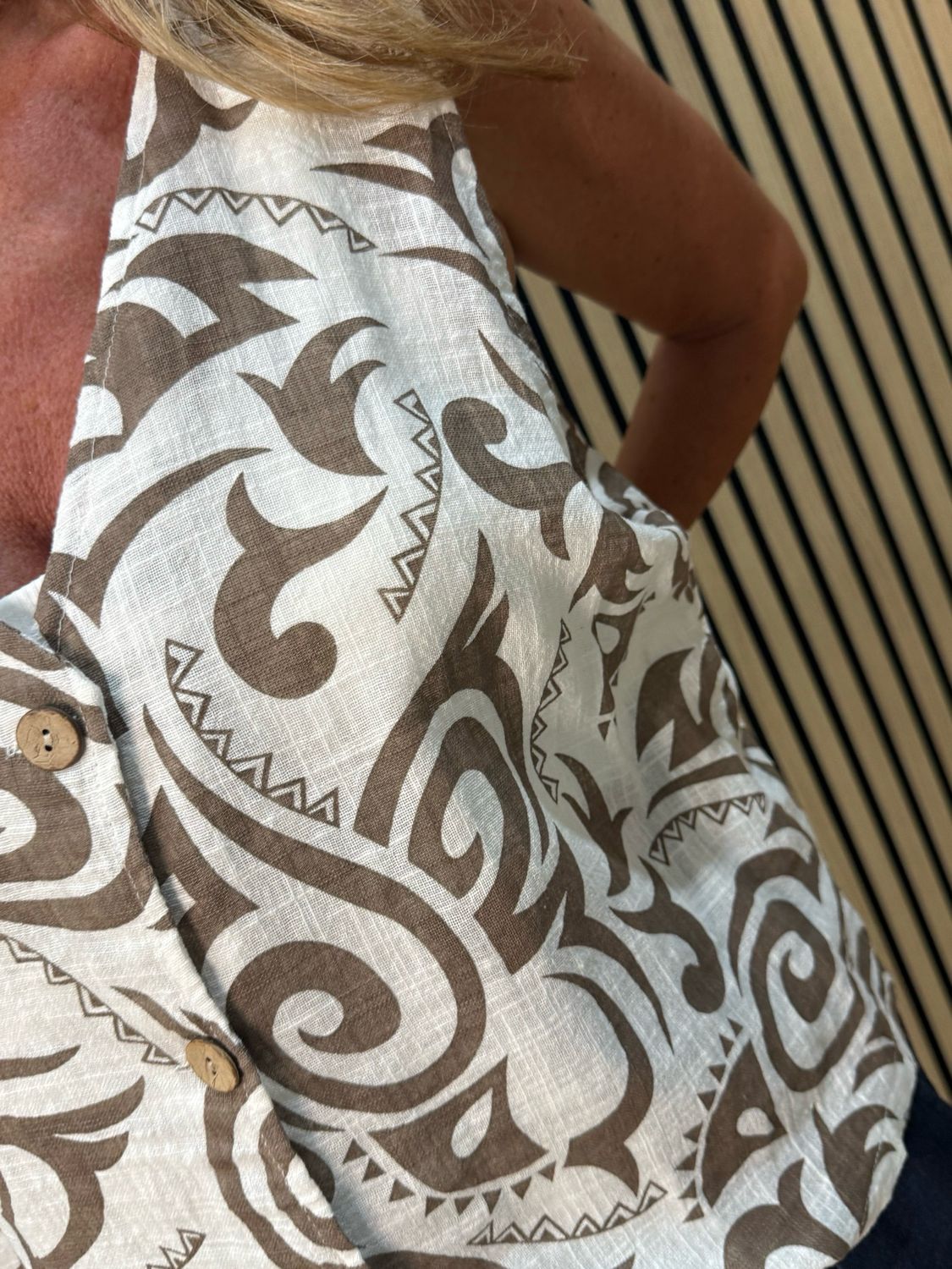 Tribal Print Button Front Top - White/Taupe