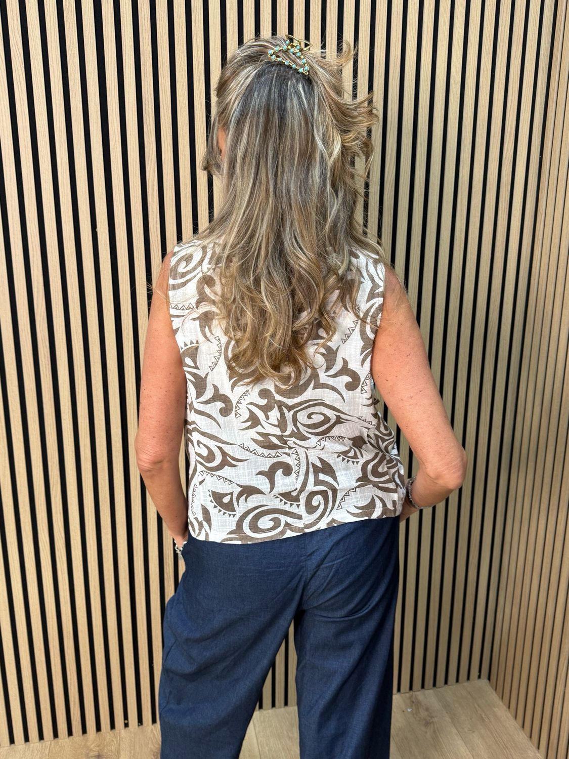 Tribal Print Button Front Top - White/Taupe