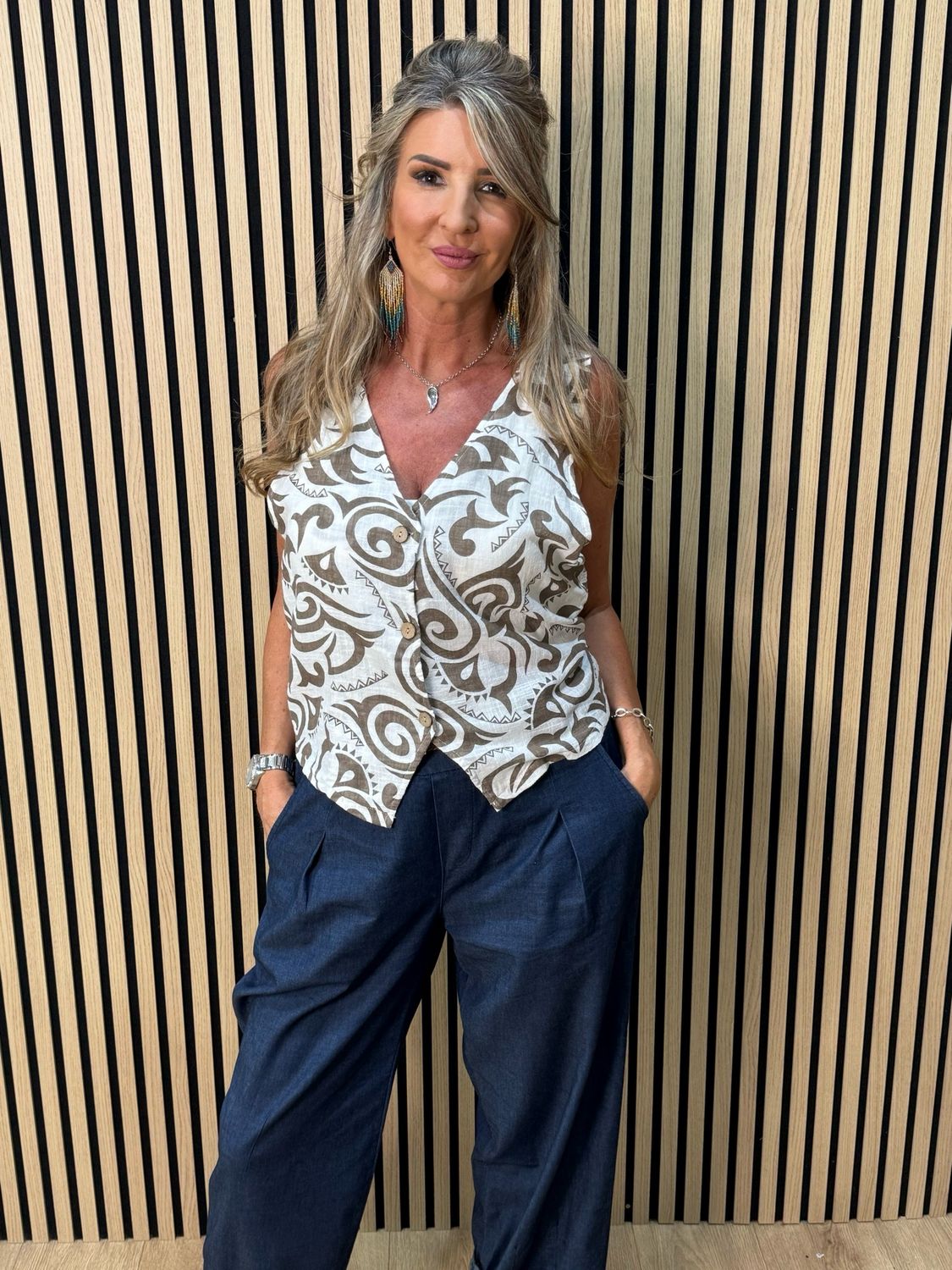 Tribal Print Button Front Top - White/Taupe