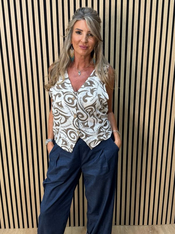 Tribal Print Button Front Top - White/Taupe