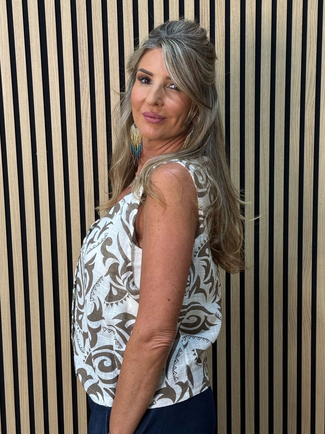 Tribal Print Button Front Top - White/Taupe