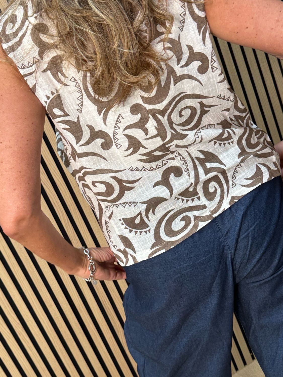 Tribal Print Button Front Top - White/Taupe