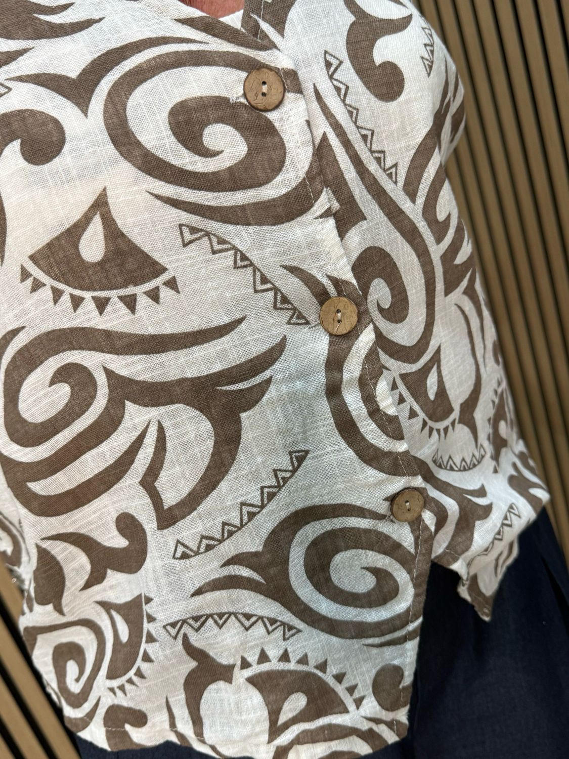Tribal Print Button Front Top - White/Taupe