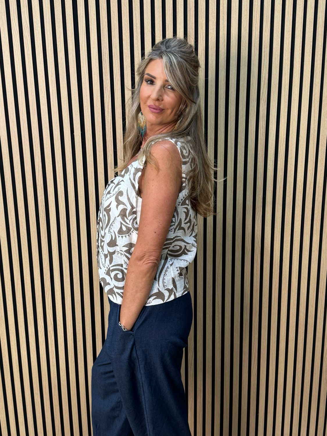 Tribal Print Button Front Top - White/Taupe