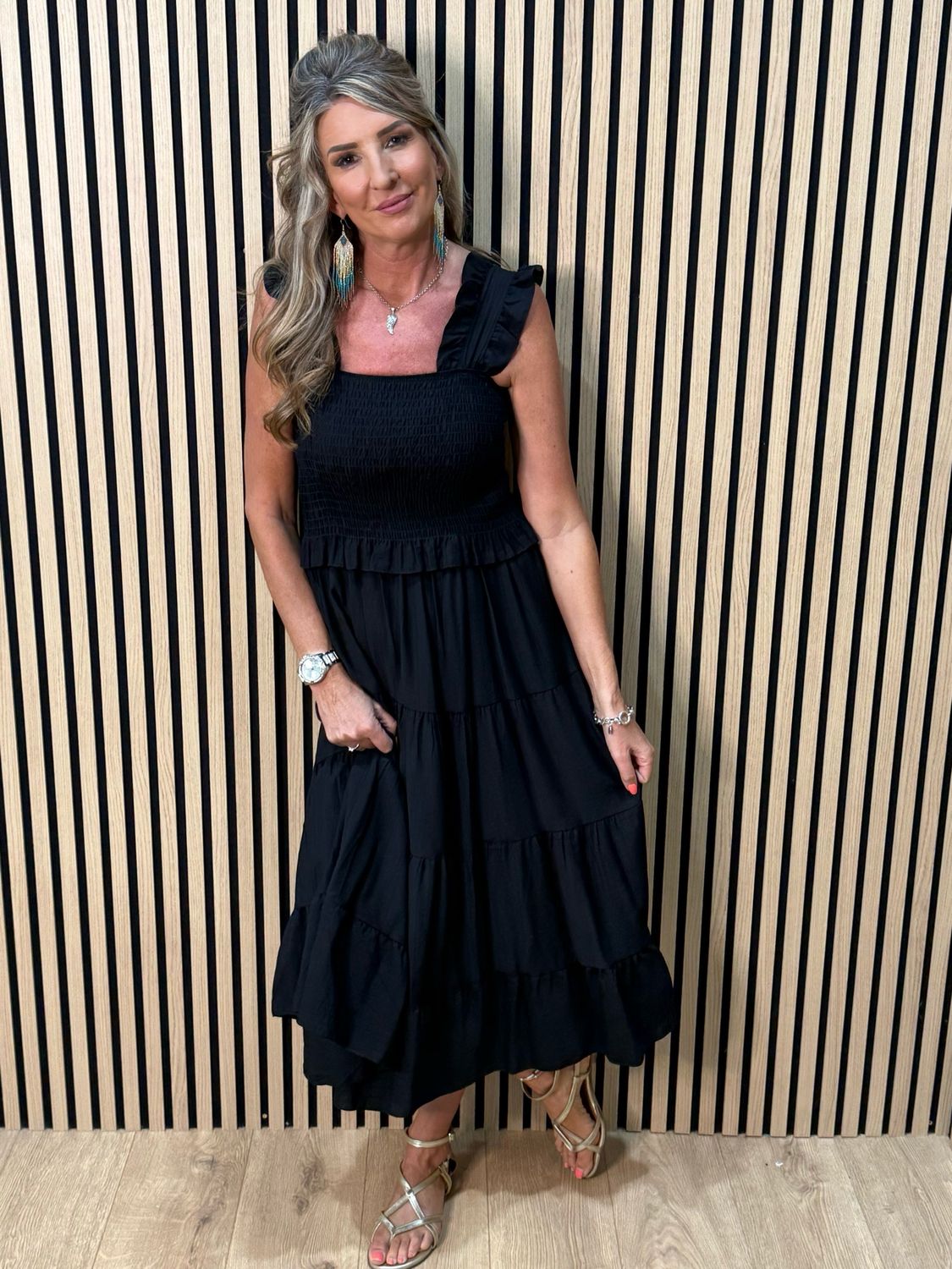 Ruffle Tiered Midi Dress - Black