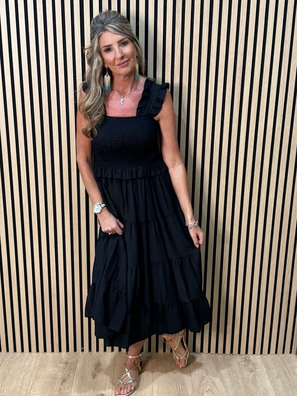 Ruffle Tiered Midi Dress - Black