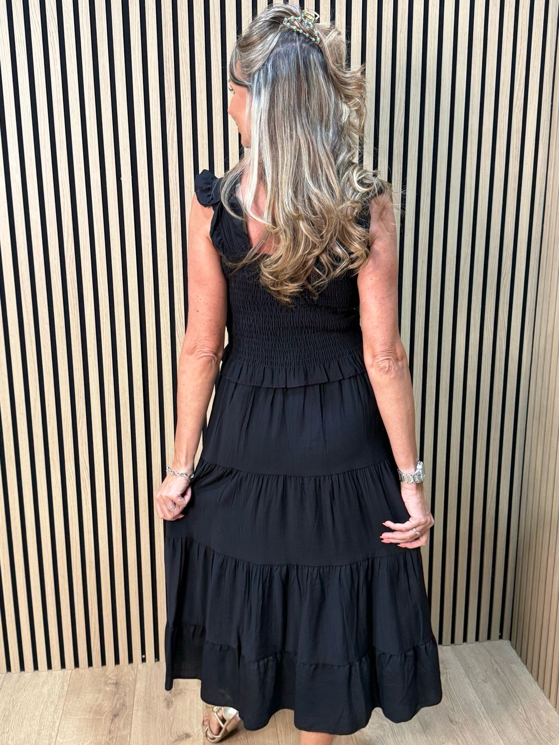 Ruffle Tiered Midi Dress - Black