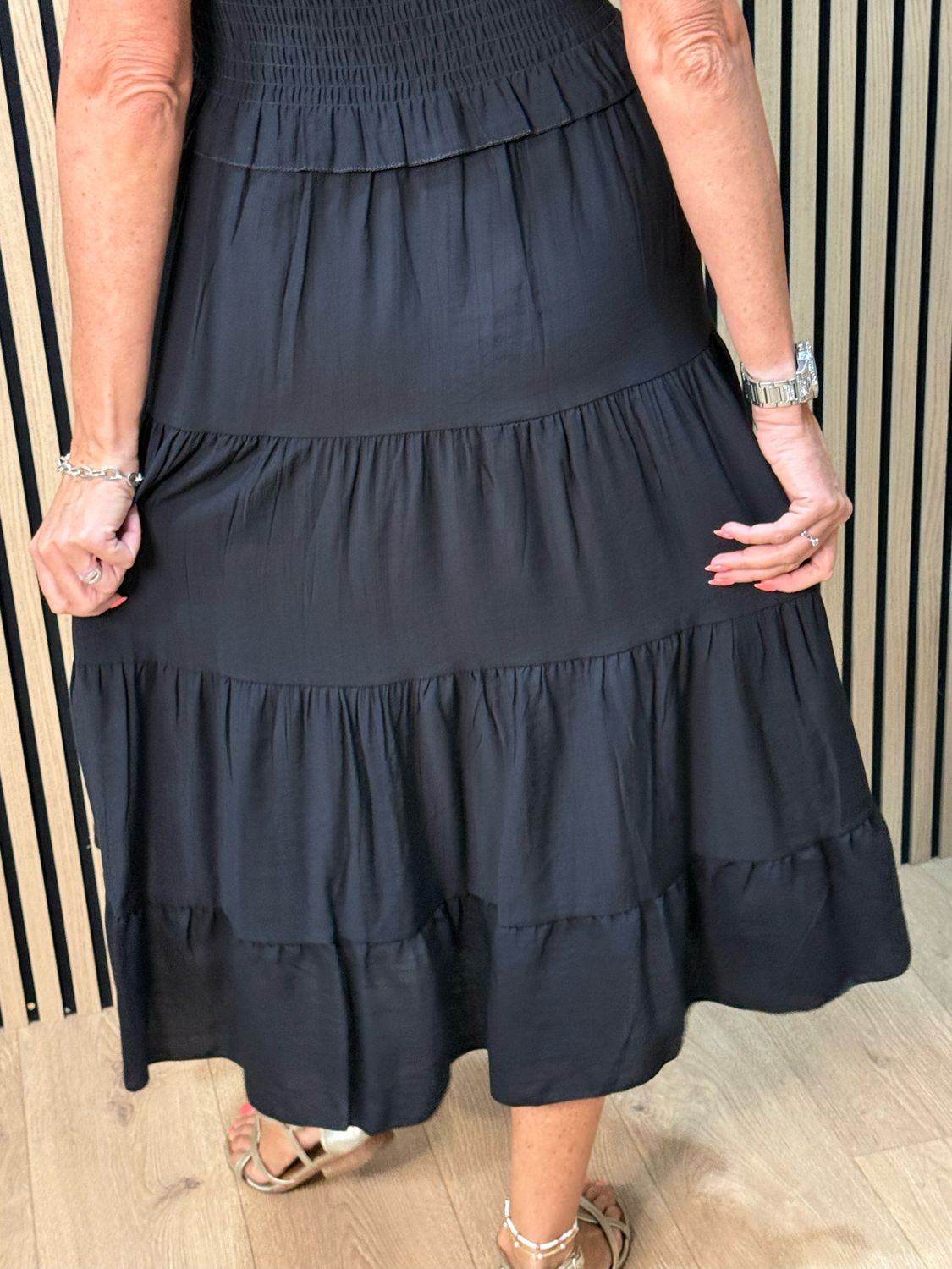Ruffle Tiered Midi Dress - Black
