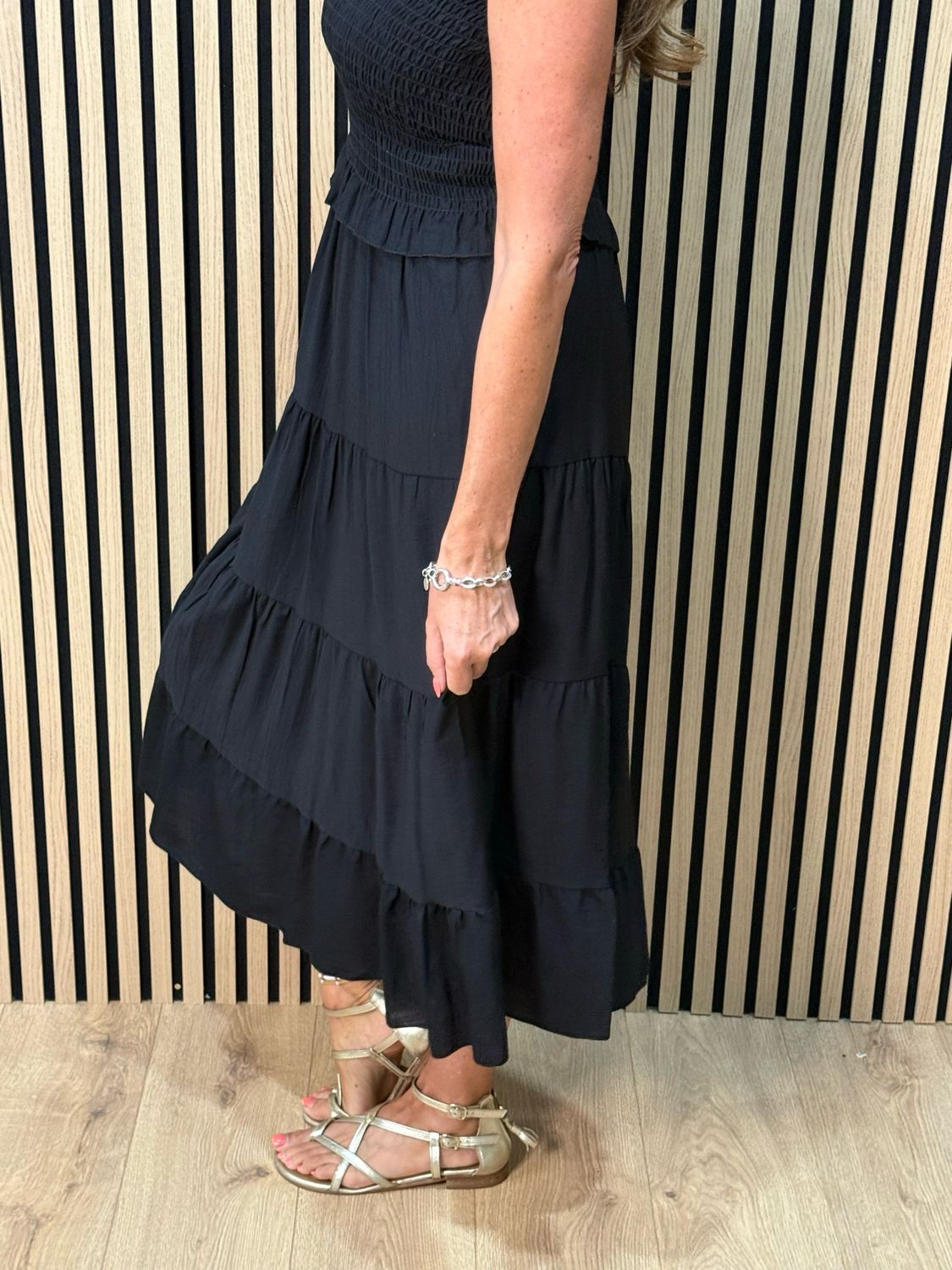 Ruffle Tiered Midi Dress - Black