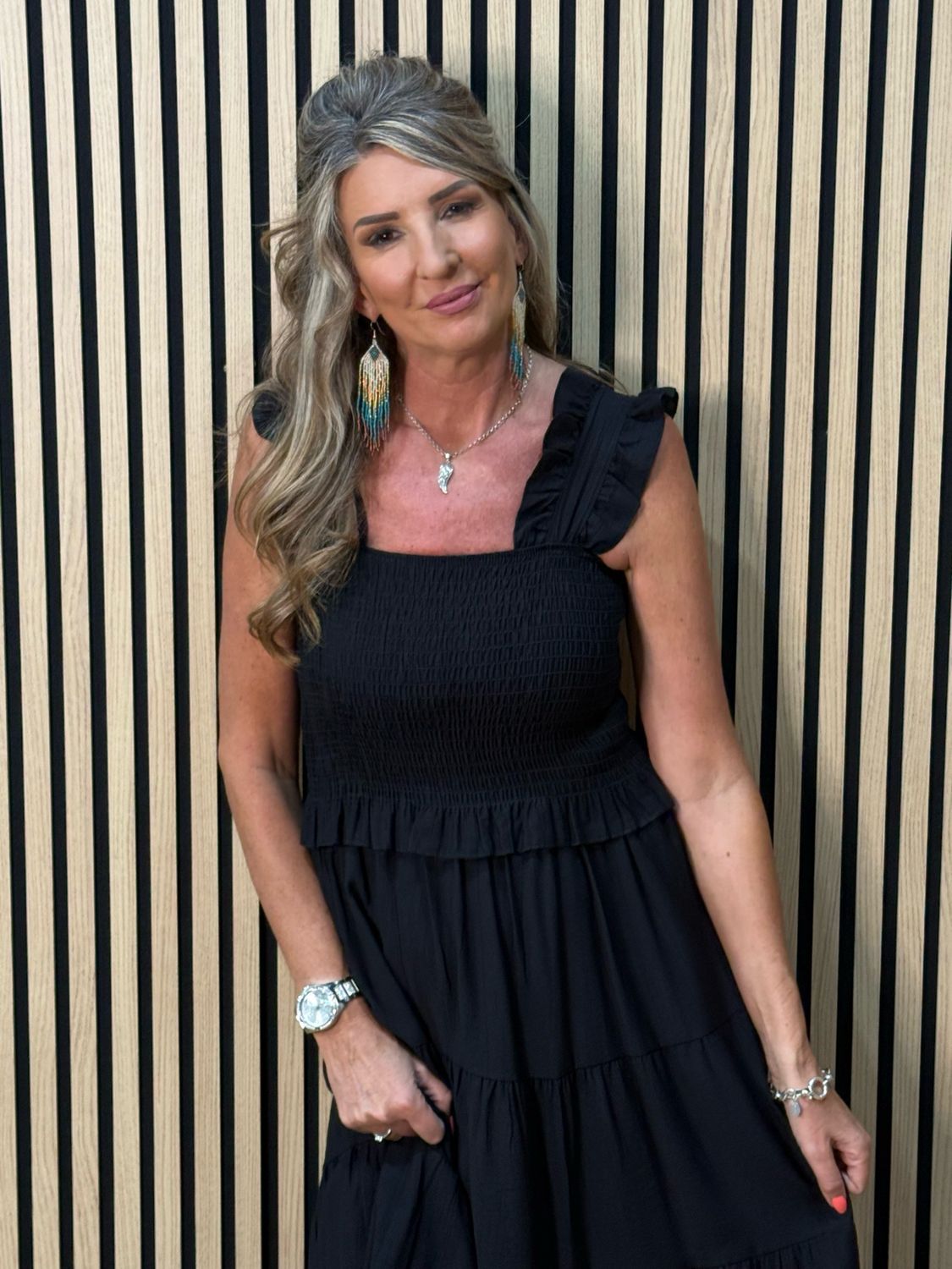 Ruffle Tiered Midi Dress - Black