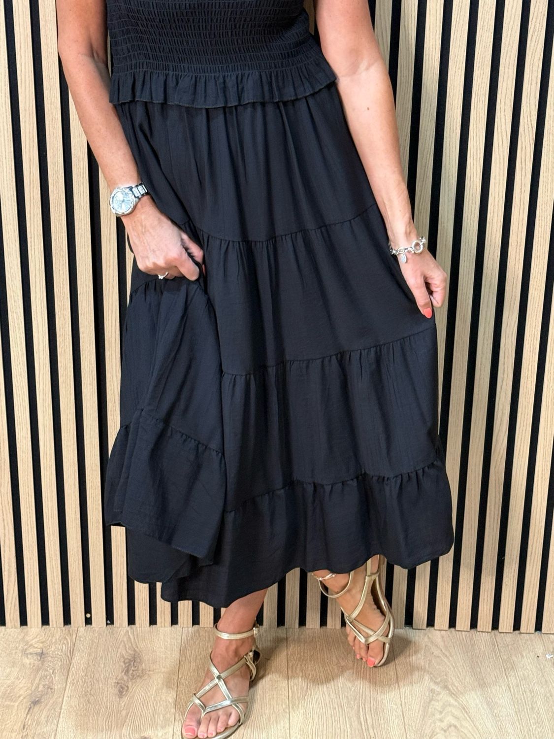 Ruffle Tiered Midi Dress - Black