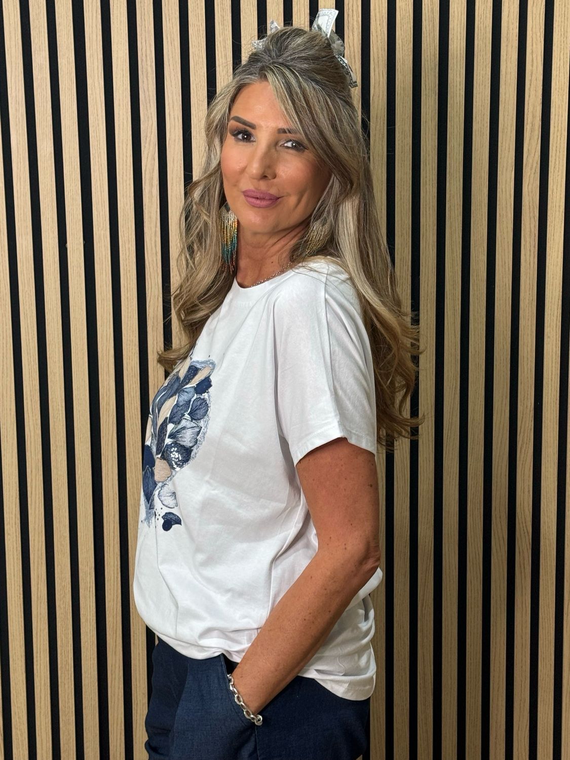 Love Heart Leaf Print T-Shirt - White/Navy
