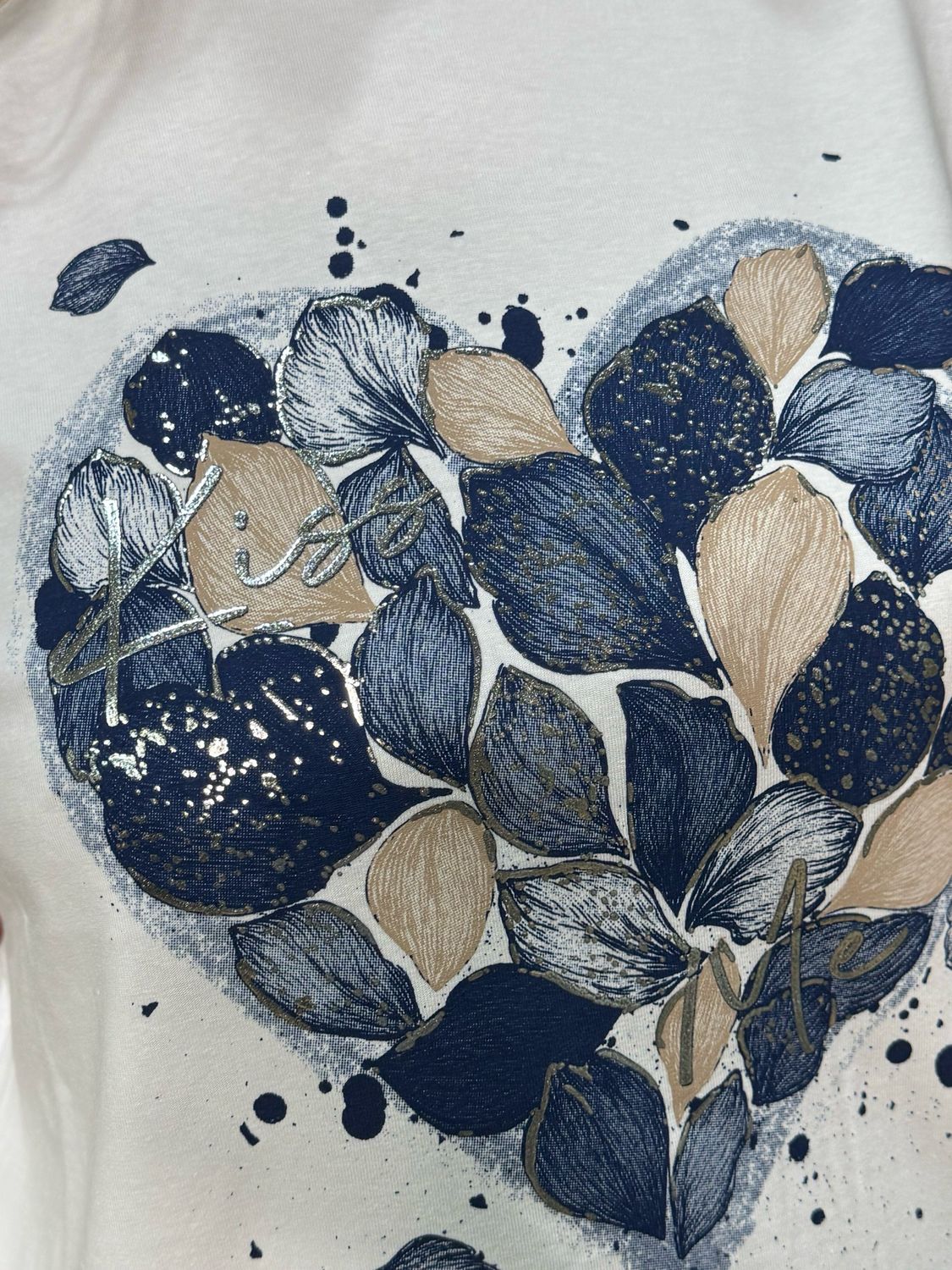 Love Heart Leaf Print T-Shirt - White/Navy