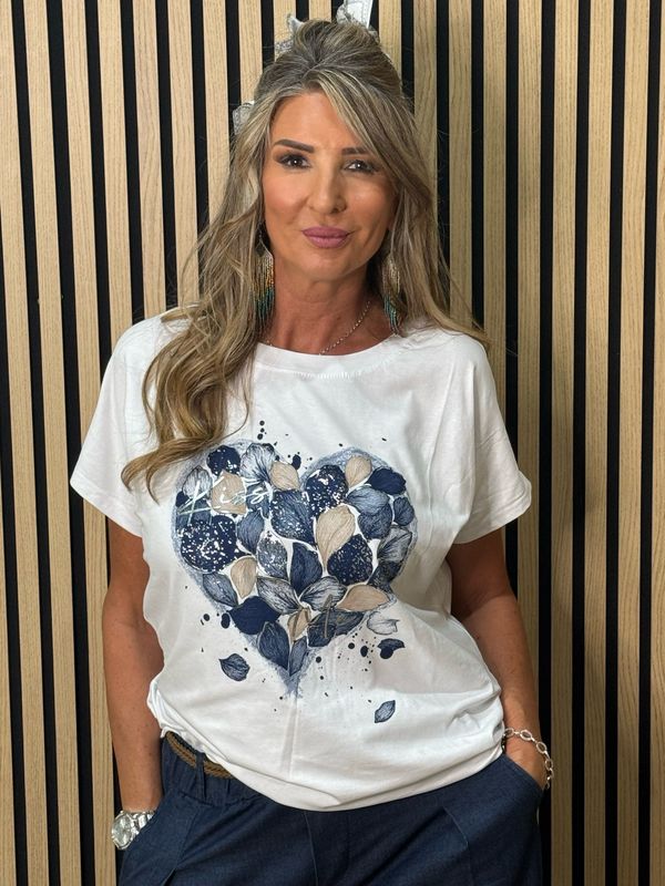 Love Heart Leaf Print T-Shirt - White/Navy
