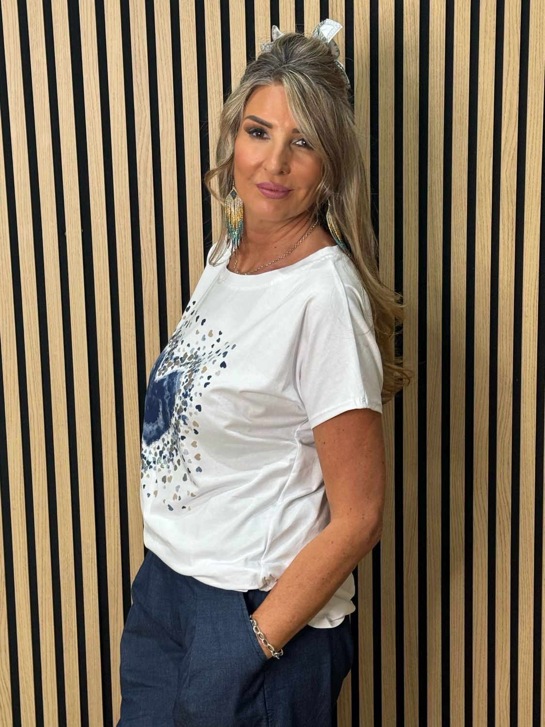 Heart Print T-Shirt - White/Navy
