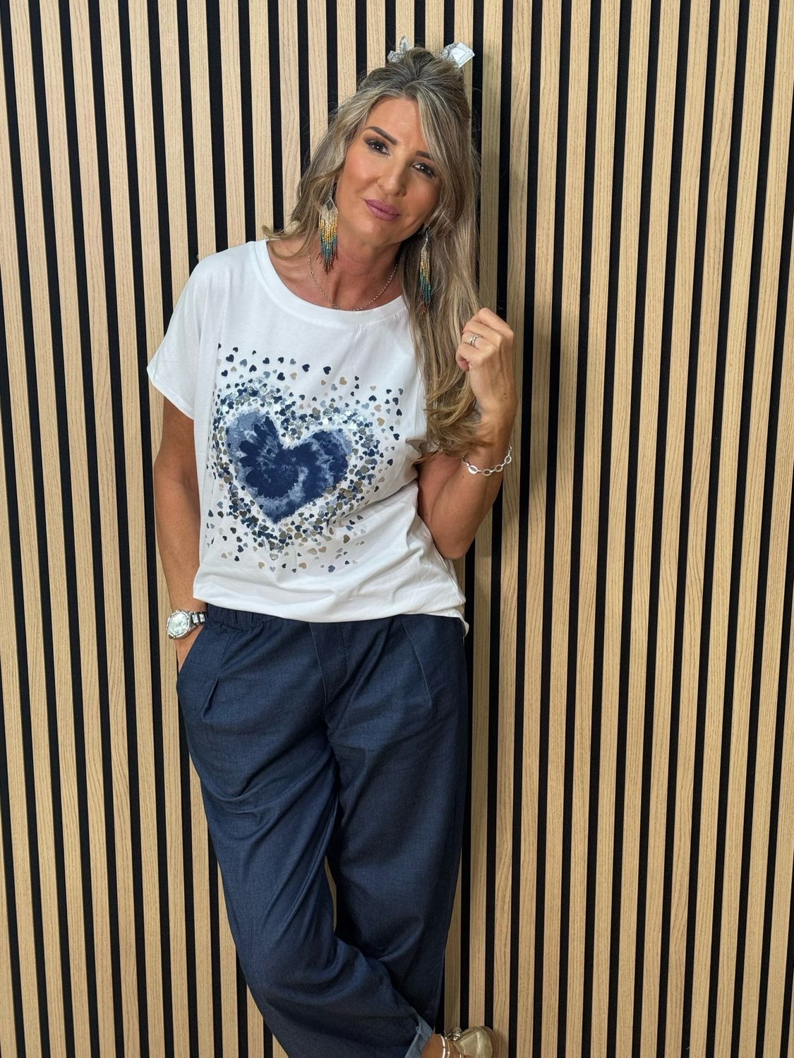 Heart Print T-Shirt - White/Navy