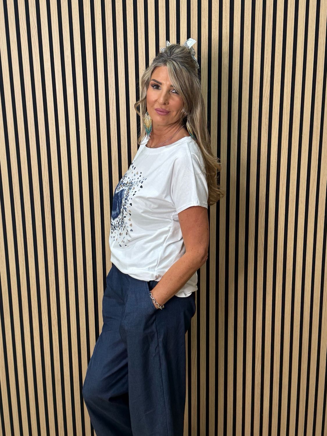 Heart Print T-Shirt - White/Navy