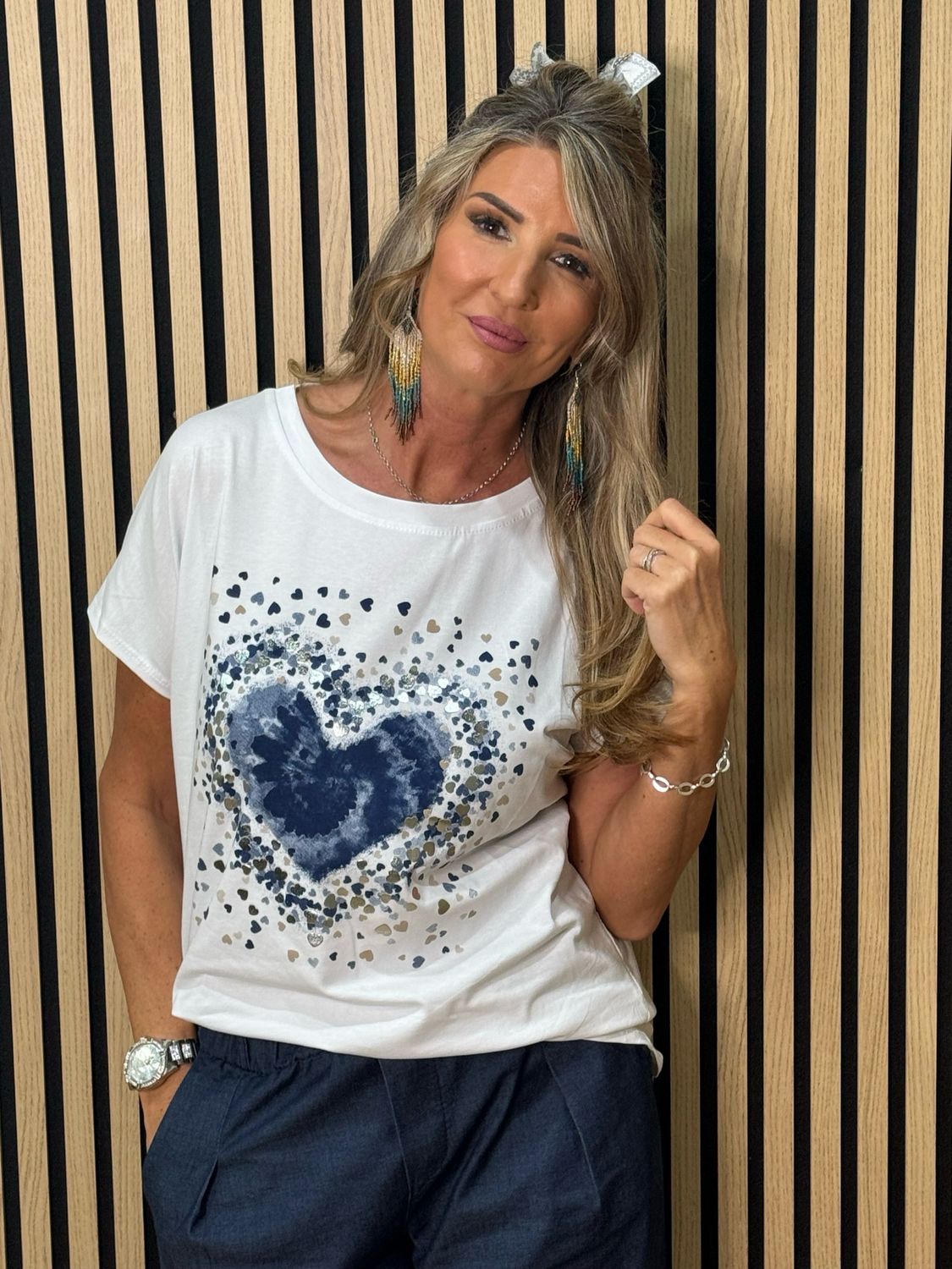 Heart Print T-Shirt - White/Navy