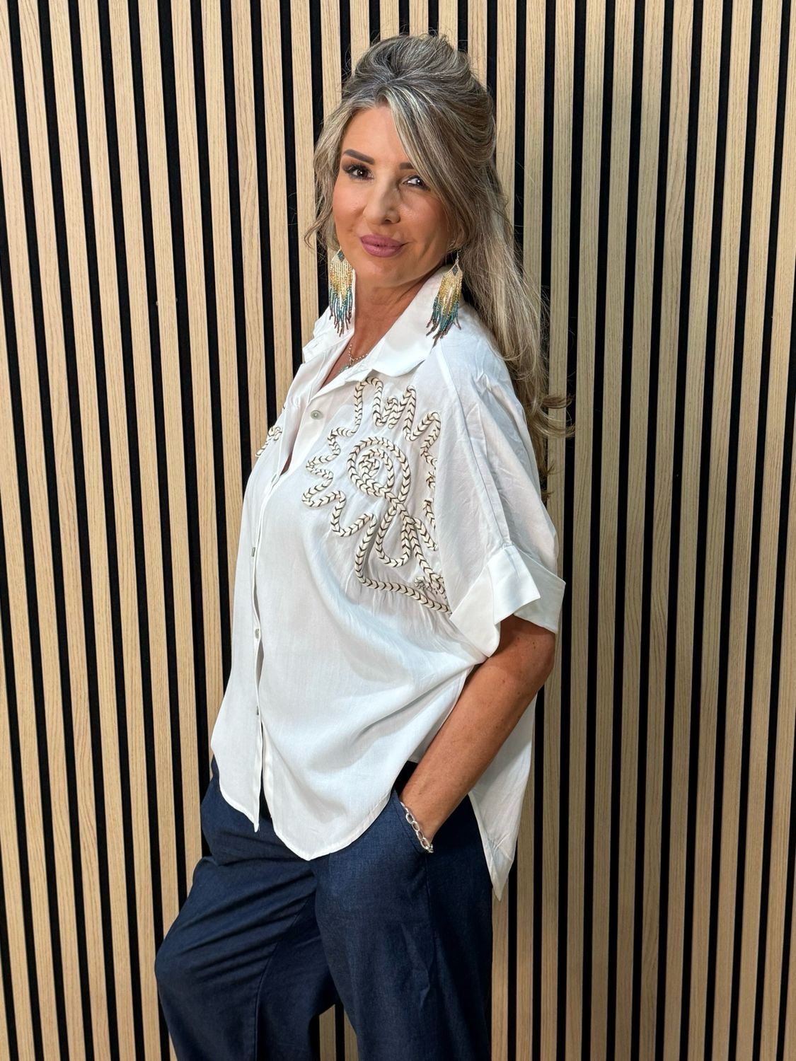 Embroidered Sun Detail Shirt - White