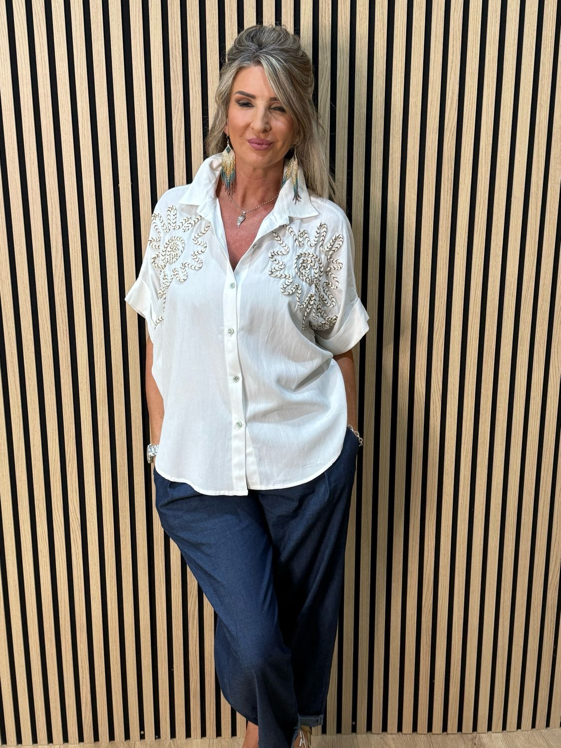 Embroidered Sun Detail Shirt - White