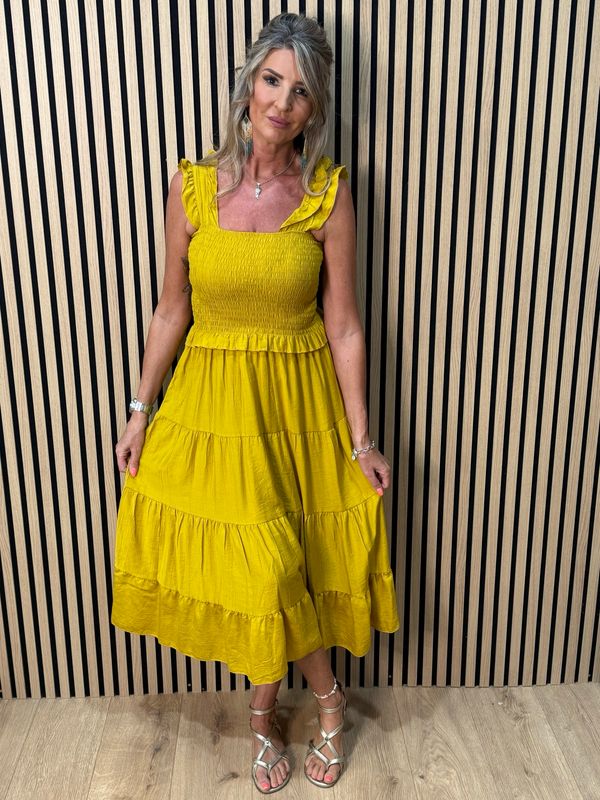 Ruffle Tiered Midi Dress - Mustard