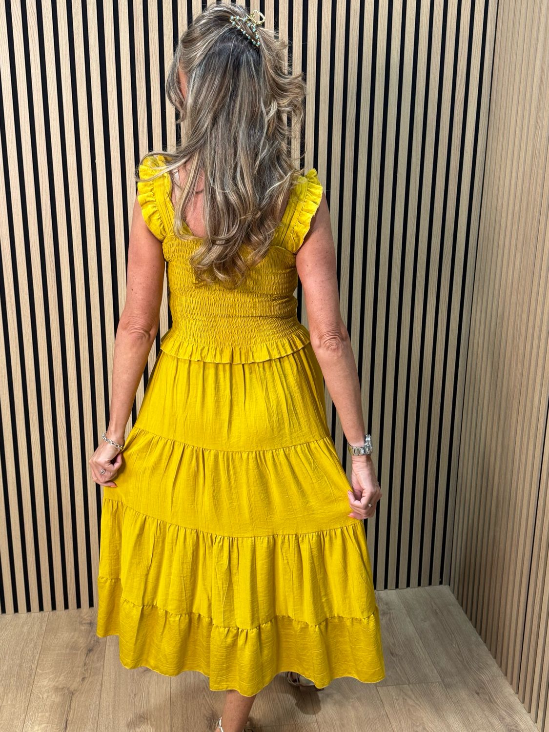 Ruffle Tiered Midi Dress - Mustard
