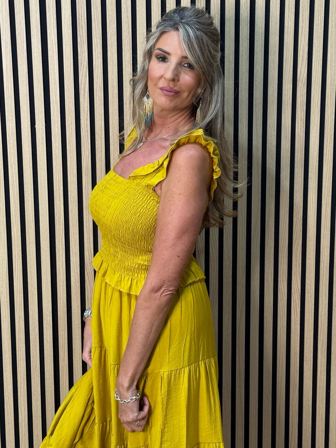 Ruffle Tiered Midi Dress - Mustard