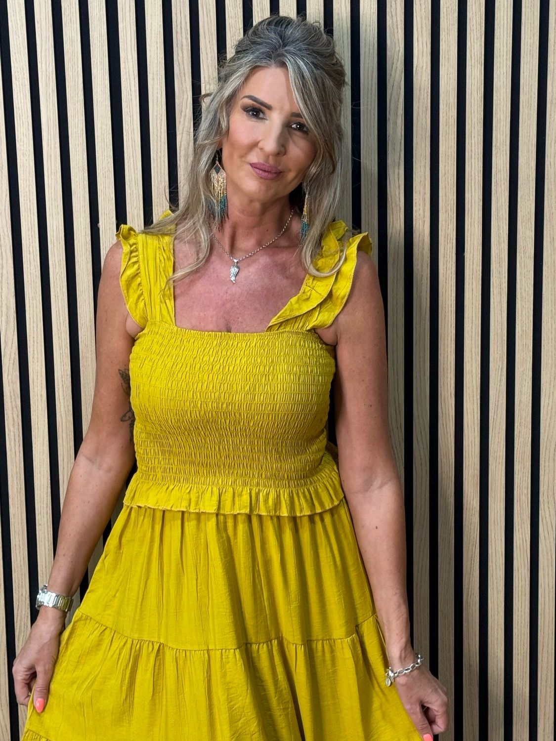 Ruffle Tiered Midi Dress - Mustard