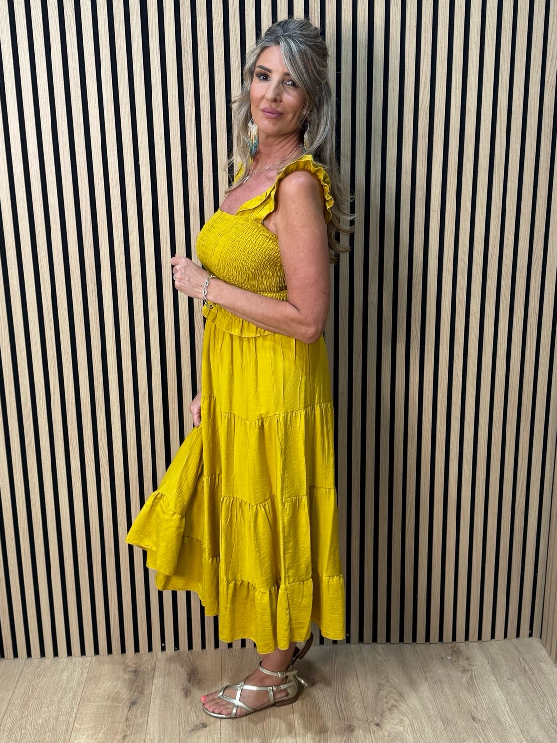Ruffle Tiered Midi Dress - Mustard
