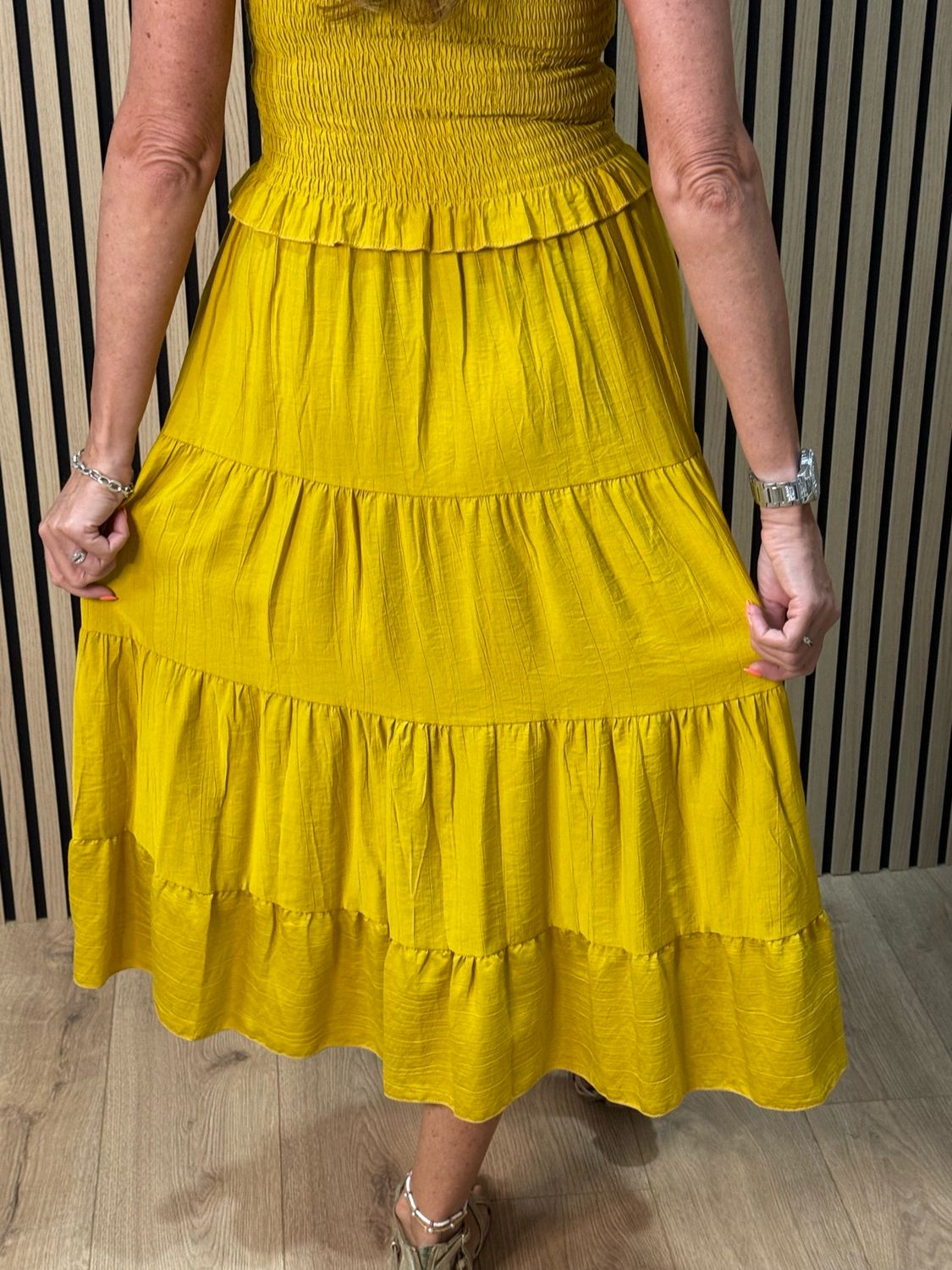 Ruffle Tiered Midi Dress - Mustard