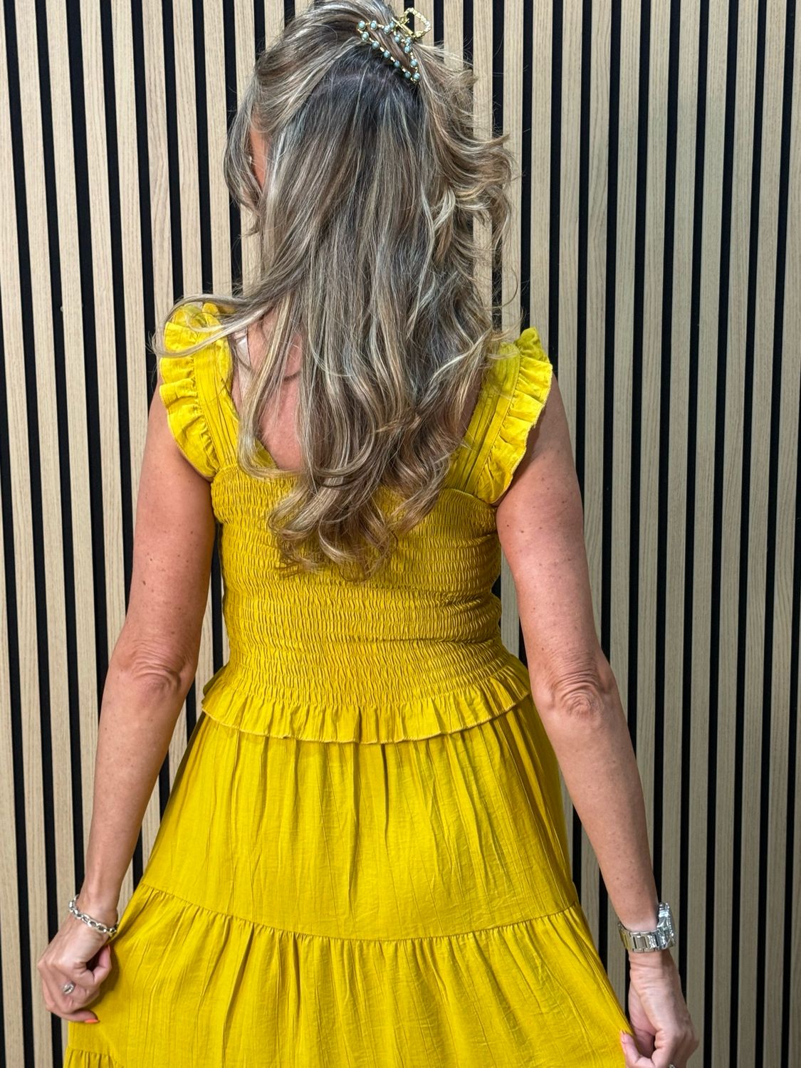 Ruffle Tiered Midi Dress - Mustard