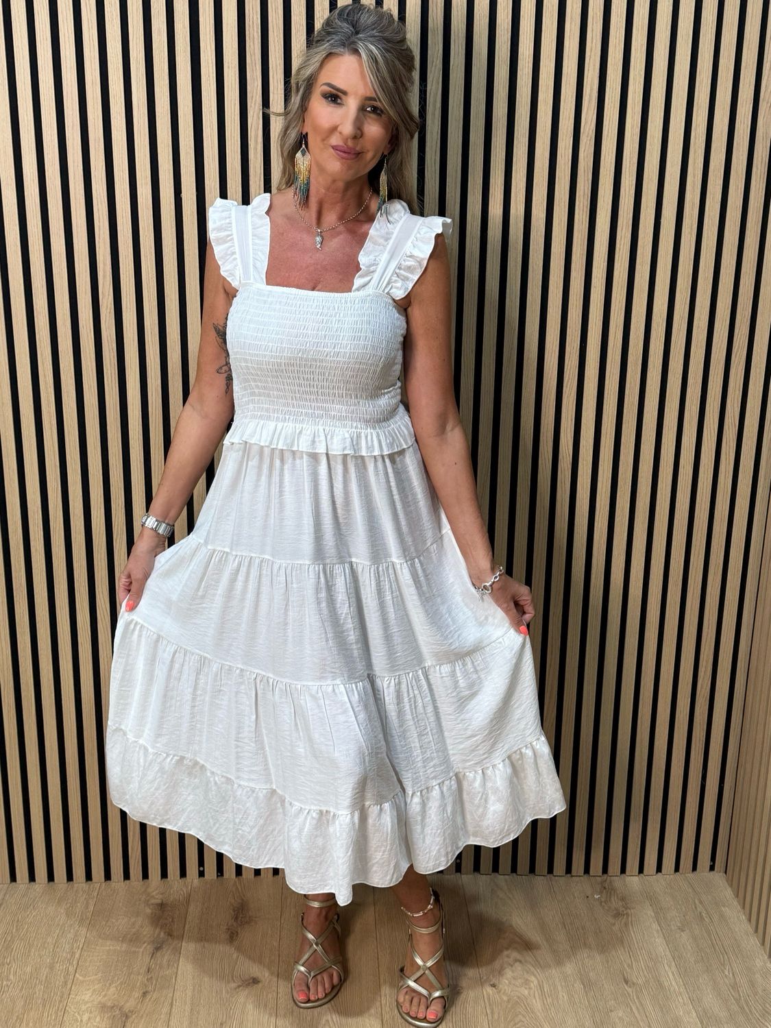 Ruffle Tiered Midi Dress - White