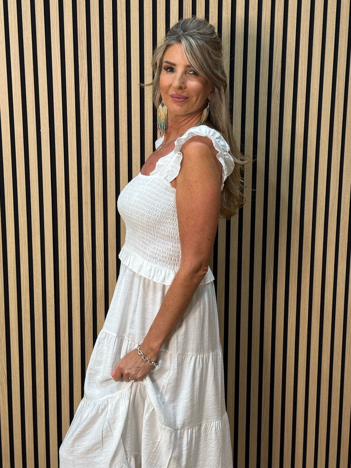 Ruffle Tiered Midi Dress - White