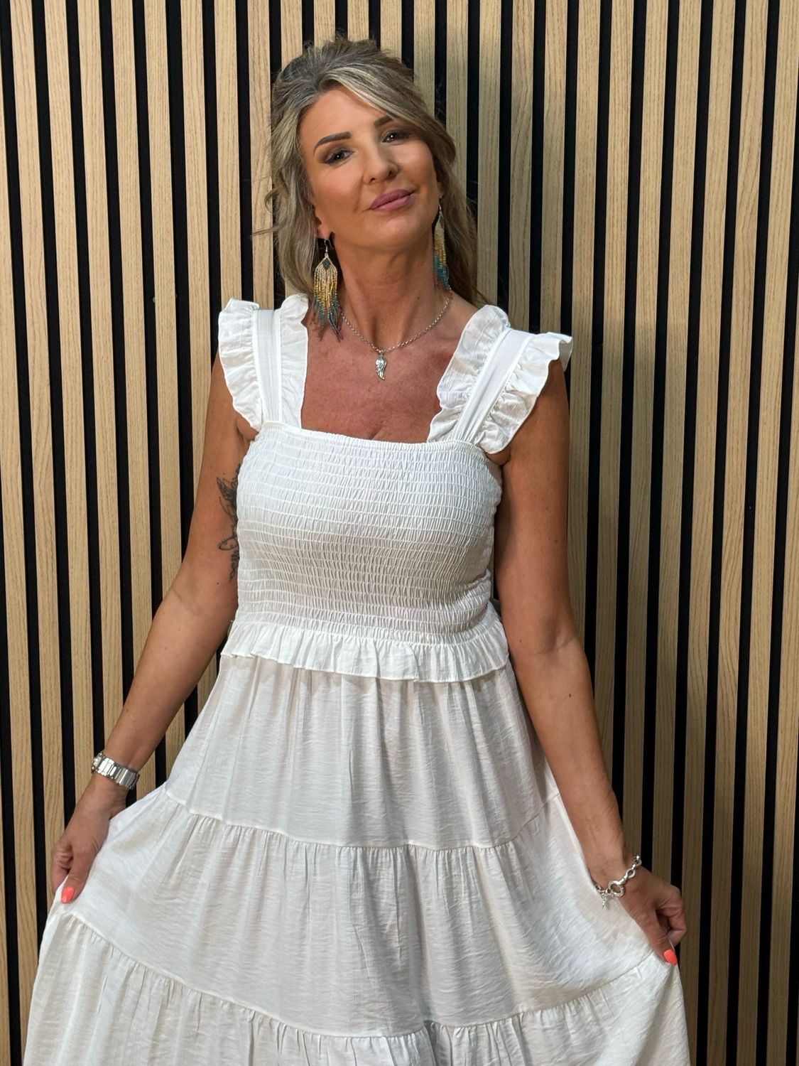 Ruffle Tiered Midi Dress - White