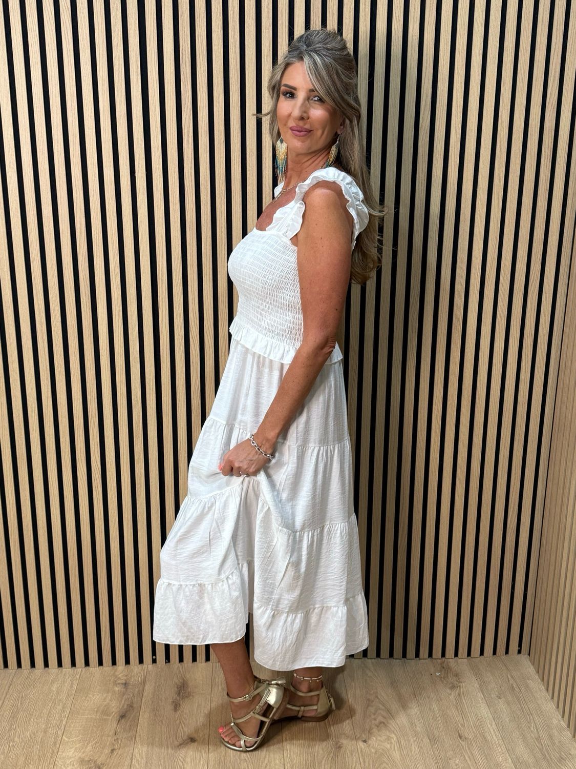 Ruffle Tiered Midi Dress - White