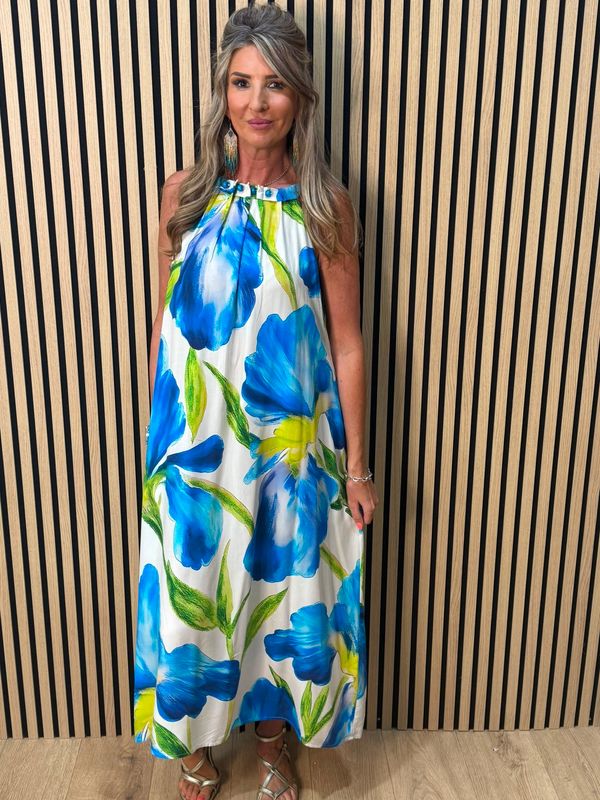 Blue Floral Beaded Maxi Dress –