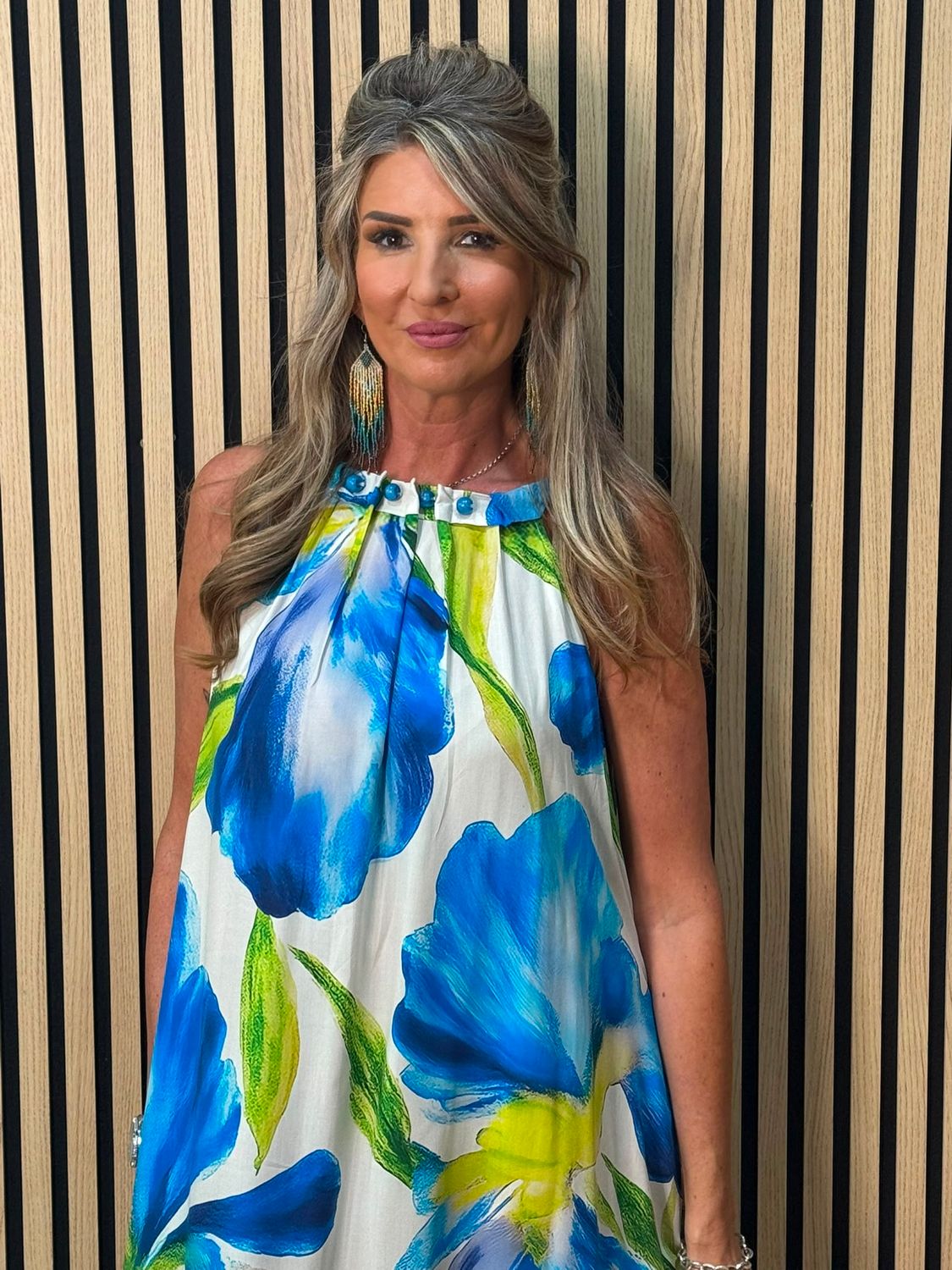 Blue Floral Beaded Maxi Dress –
