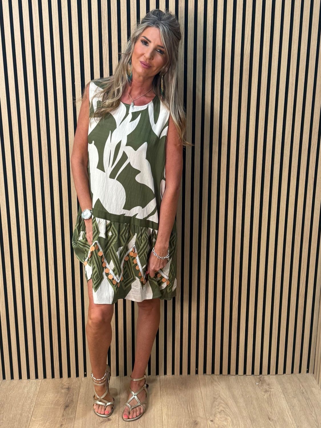Fly Out Sequin Trim Dress - Khaki