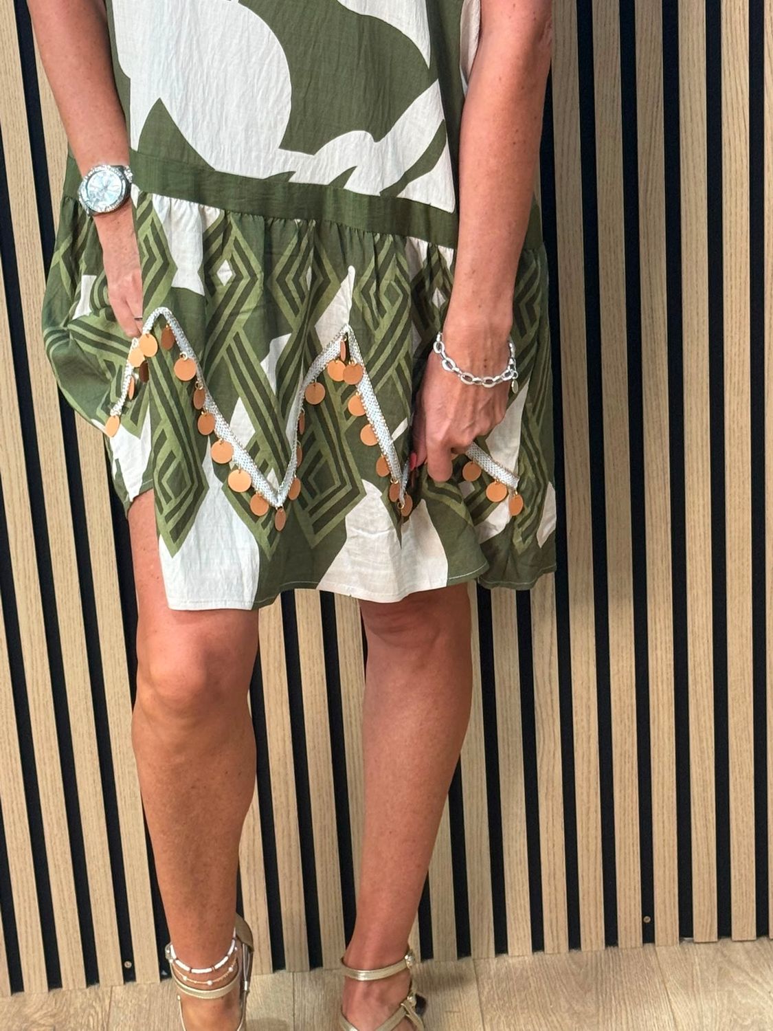 Fly Out Sequin Trim Dress - Khaki