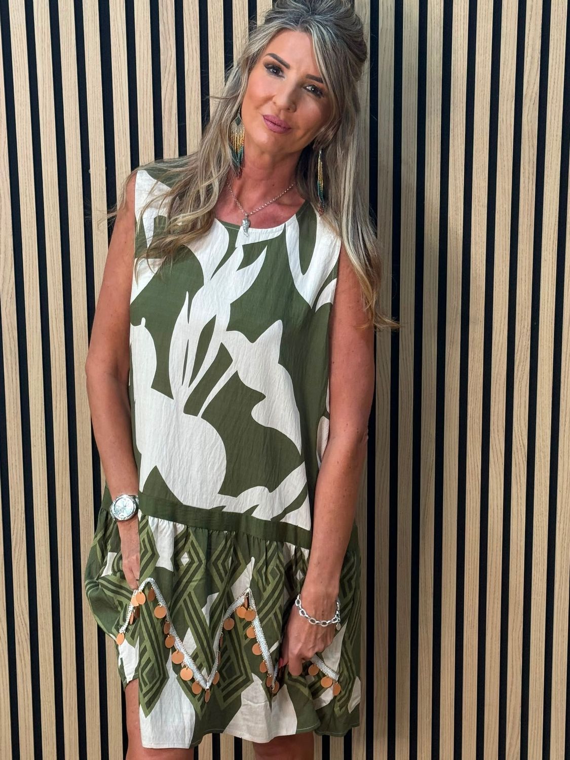 Fly Out Sequin Trim Dress - Khaki