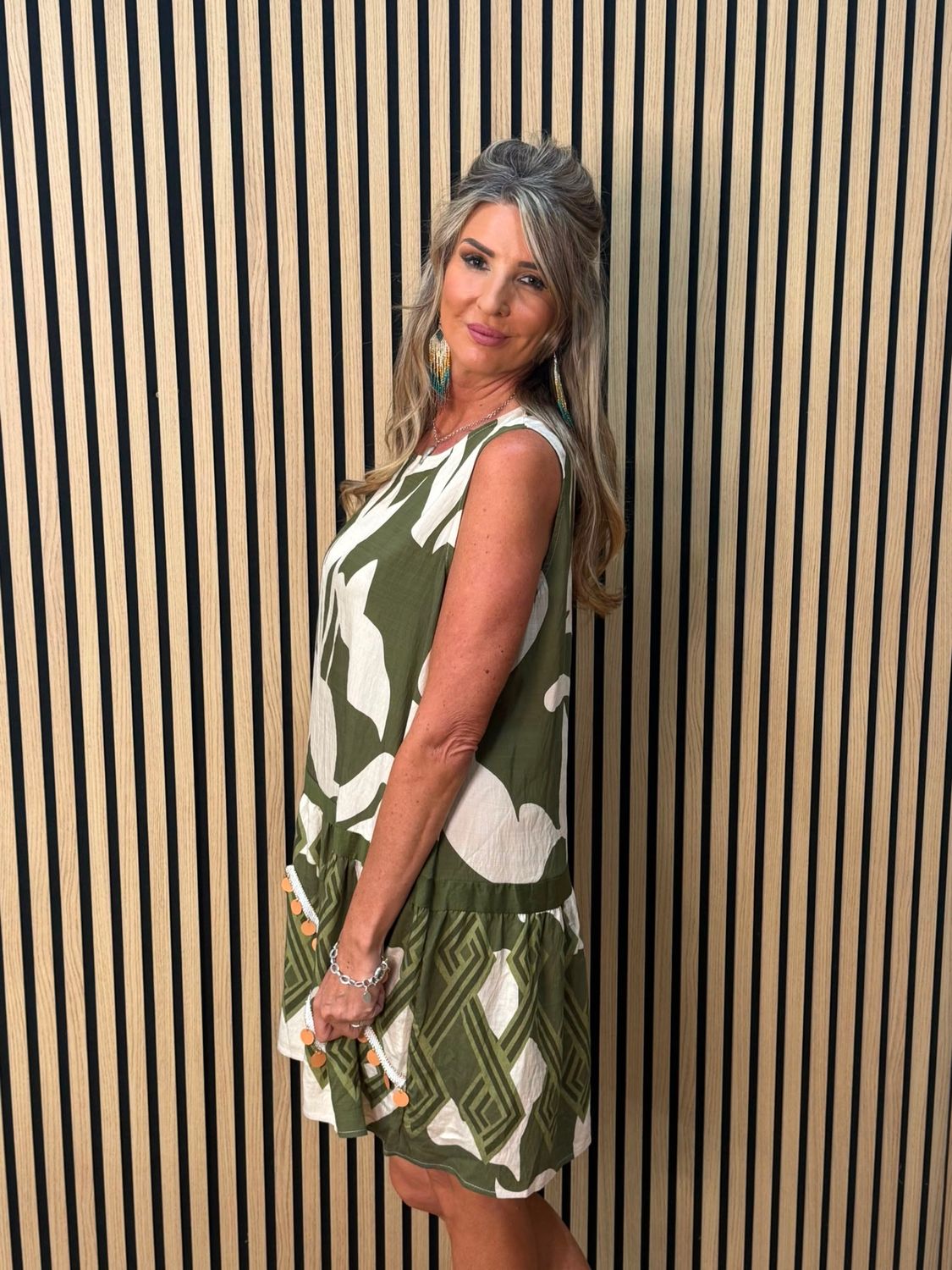 Fly Out Sequin Trim Dress - Khaki