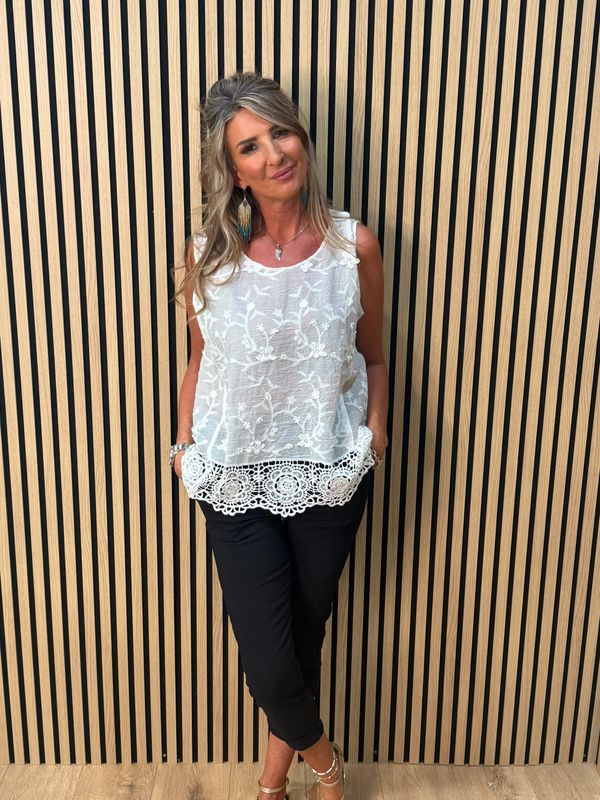 Cotton Crochet Detail Top – White
