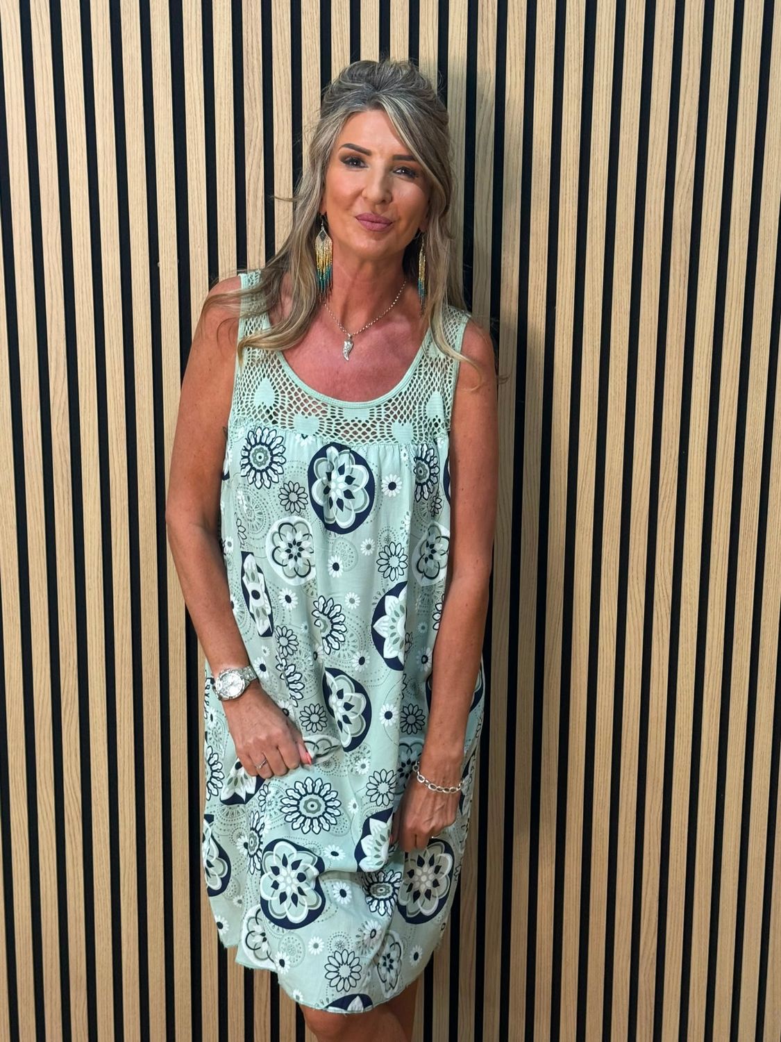 Floral Crochet Panel Dress – Green