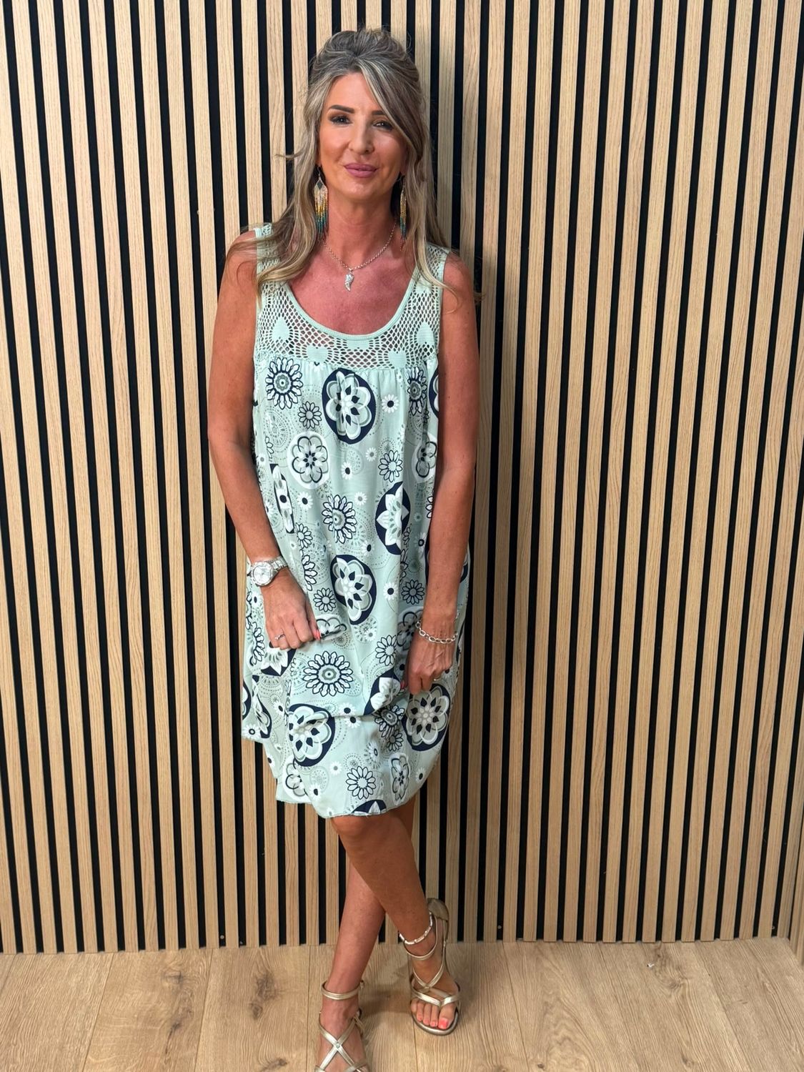 Floral Crochet Panel Dress – Green