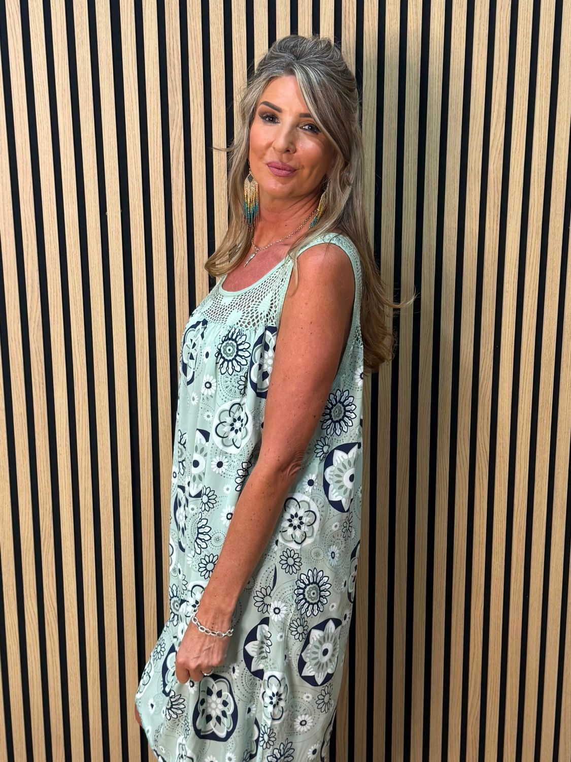 Floral Crochet Panel Dress – Green