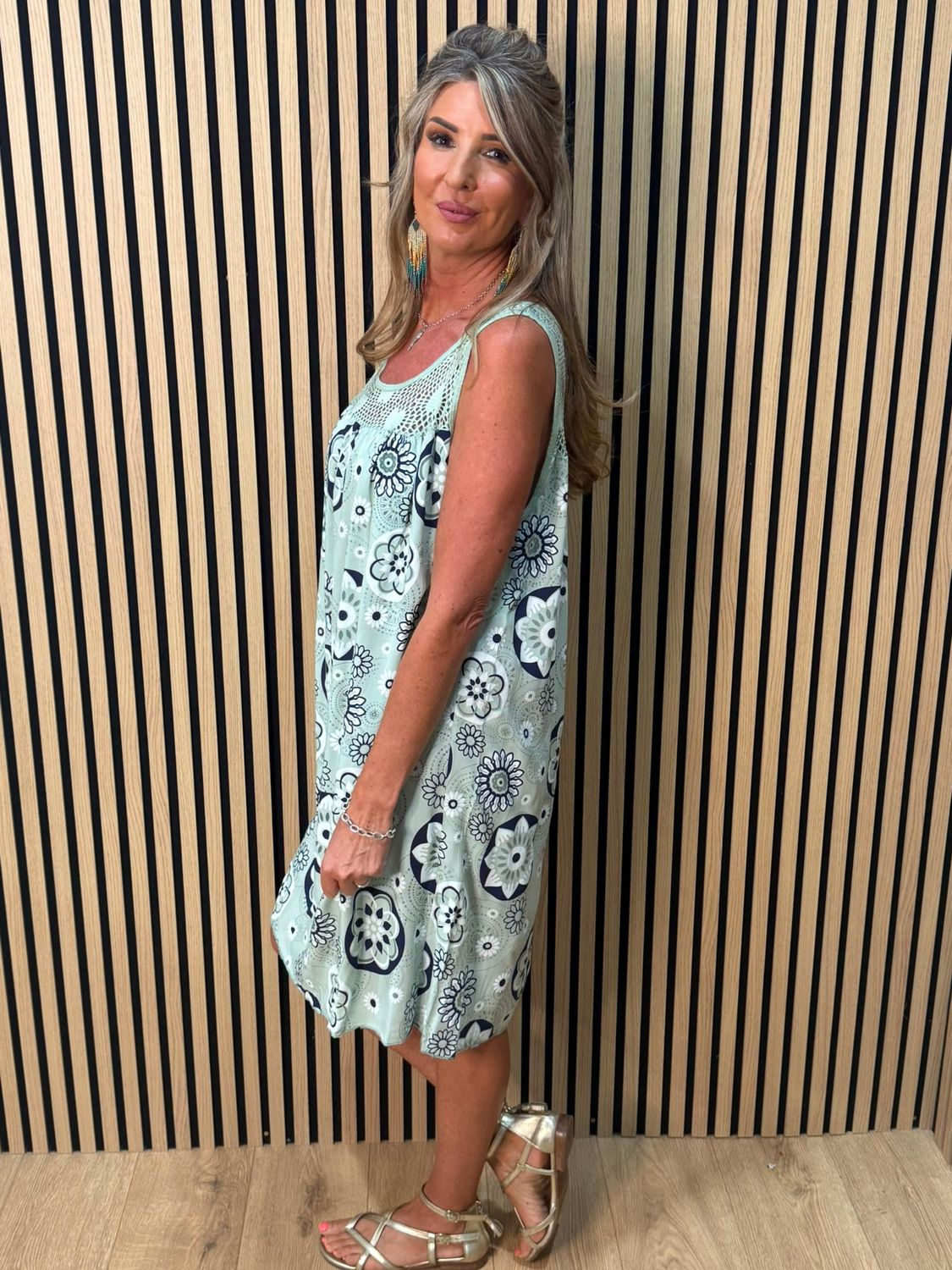 Floral Crochet Panel Dress – Green