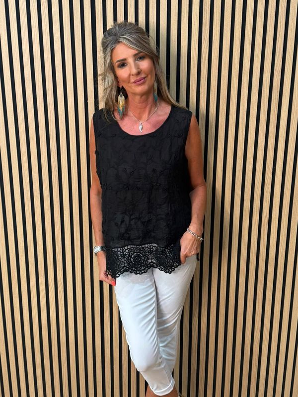 Cotton Crochet Detail Top – Black