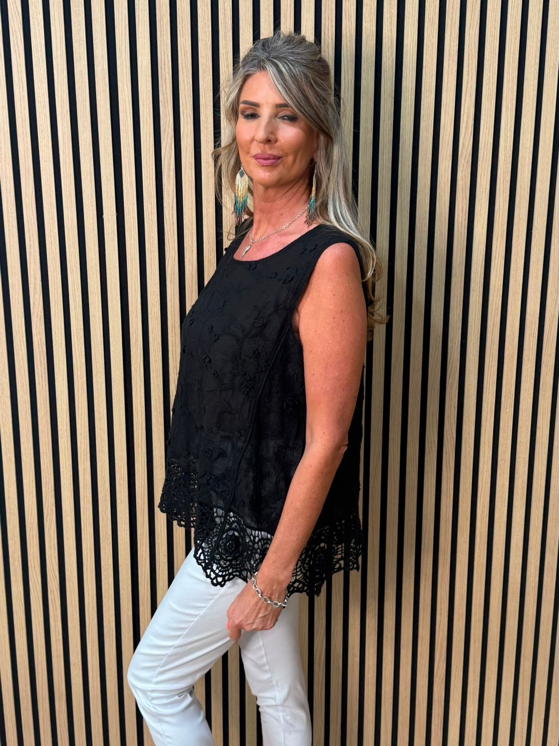 Cotton Crochet Detail Top – Black