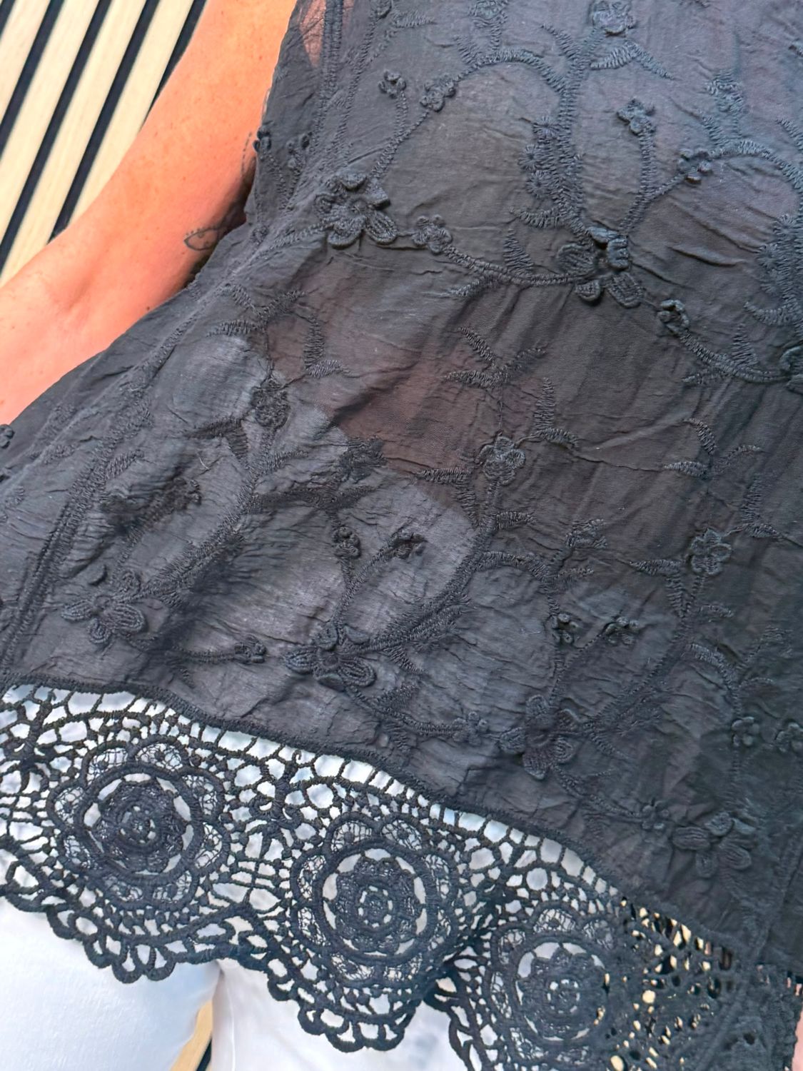 Cotton Crochet Detail Top – Black