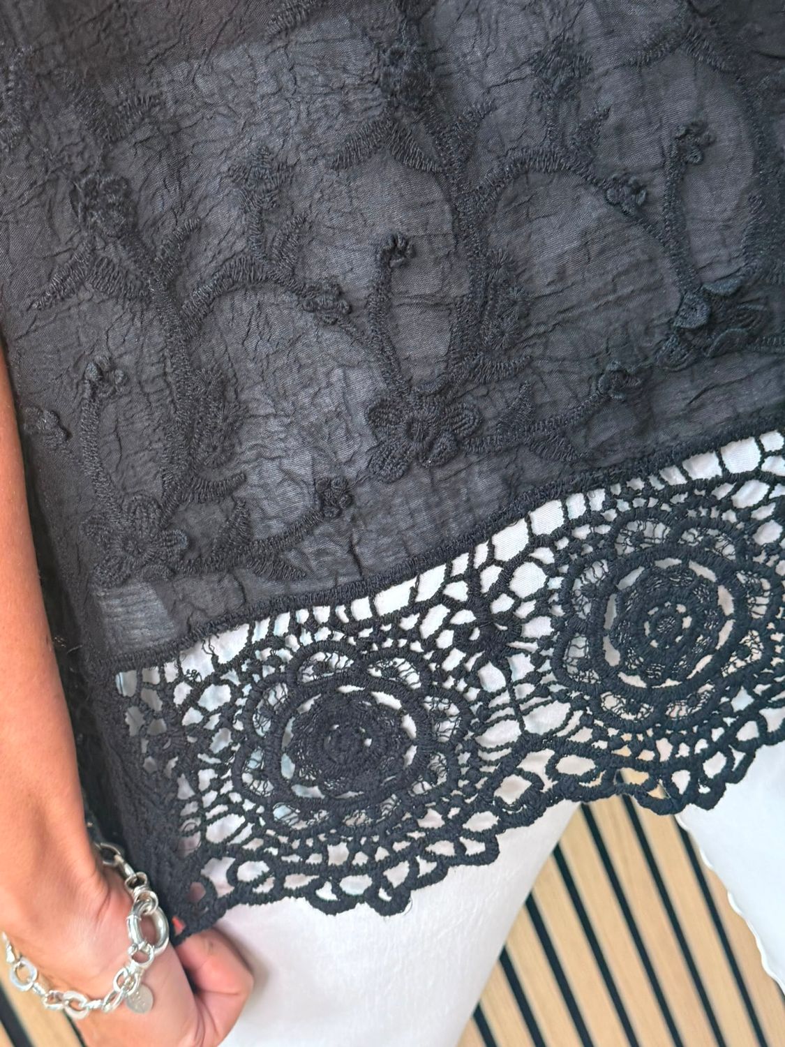 Cotton Crochet Detail Top – Black